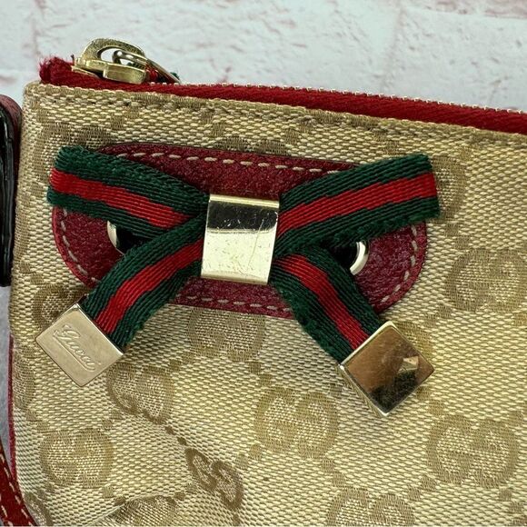 Gucci Sherry Web Bow Khaki Gg Monogram Canvas Wristlet Bag - Picture 3 of 12